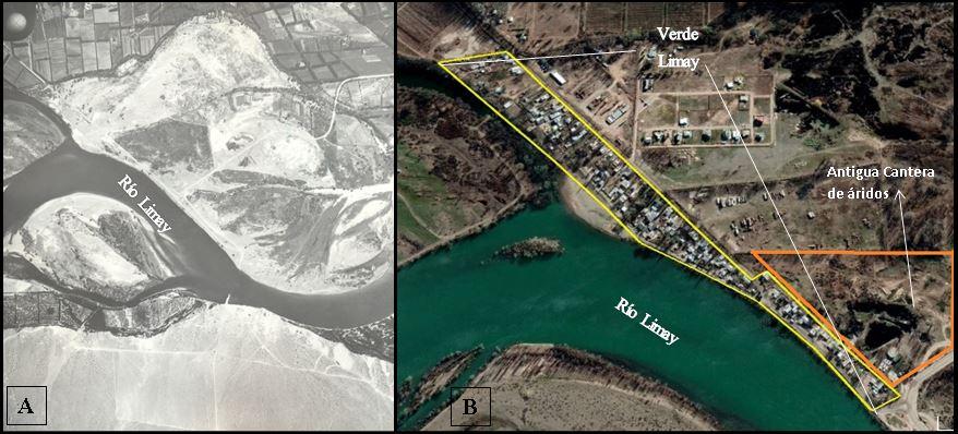 Cambios y avances de la urbanización en la sección A - B. La sección A
observa el río Limay en su dinámica natural y la sección B el avance urbano
irregular sobre áreas inundables.
