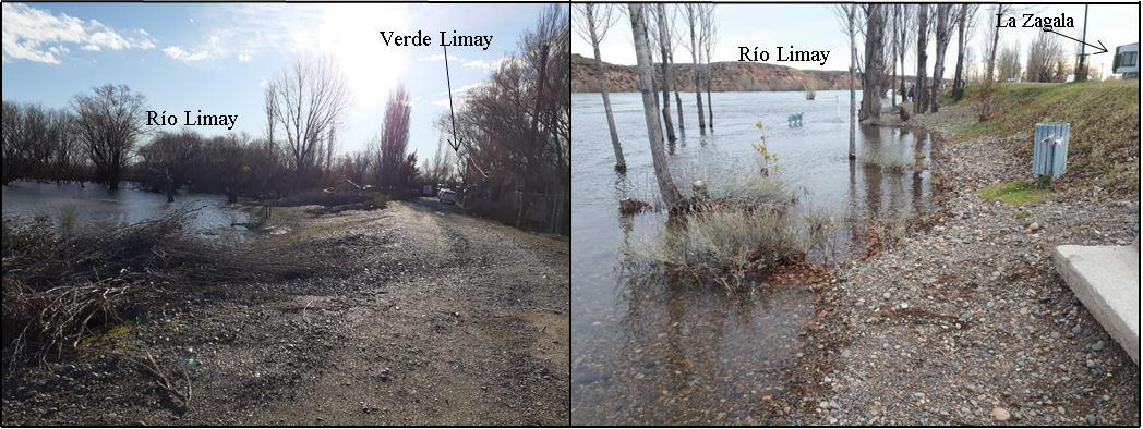 Crecida 2020 (Junio)
sobre la ribera del río Limay. A la izquierda, el barrio Verde Limay y la
crecida frente a las viviendas en 2020. A la derecha, la costa recreativa del barrio La Zagala sobre el río Limay
inundada en 2020. 