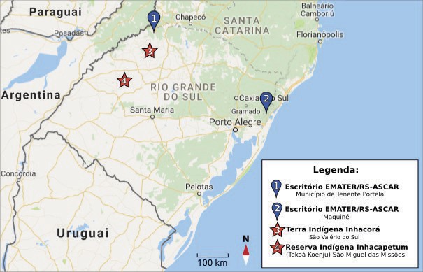 Localização das comunidades indígenas e escritórios da EMATER/ RS-ASCAR visitados.