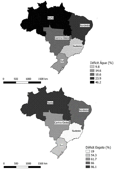 Brasil: déficit de acesso a serviços de saneamento básico, segundo as regiões geográficas (2010)