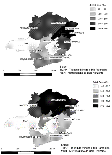 Minas Gerais: mapas dos déficits de acesso a serviços de saneamento, segundo as mesorregiões (2010)