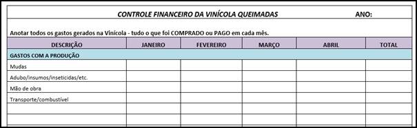 Planilha sugerida para o controle financeiro da Vinícola