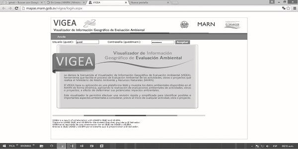Sitio web del Ministerio de Medio Ambiente y Recursos Naturales, sistema VIGEA (Visualizador de Información Geográfico de Evaluación Ambiental)