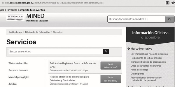 Ministerio de Educación, pantalla de Servicios