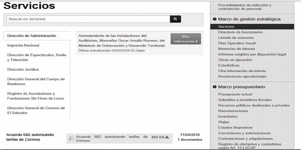 Sitio web del Ministerio de Gobernación y Desarrollo Territorial, Desglose de servicios