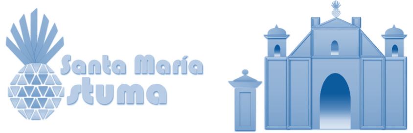 Logotipo de Santa María Ostuma: la piña. Imagen de la fachada de la iglesia 
