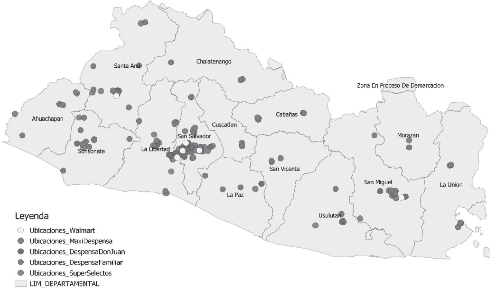 Ubicación de las
sucursales de los principales supermercados de El Salvador