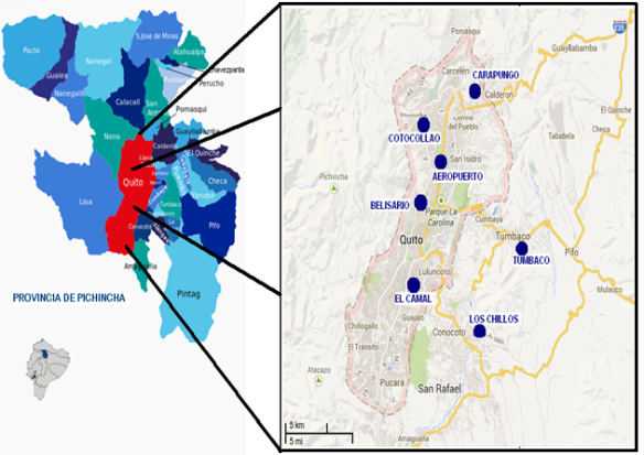 Estaciones meteorológicas distribuidas en el DMQ. (Fuente de datos. DGAC y REMMAQ)