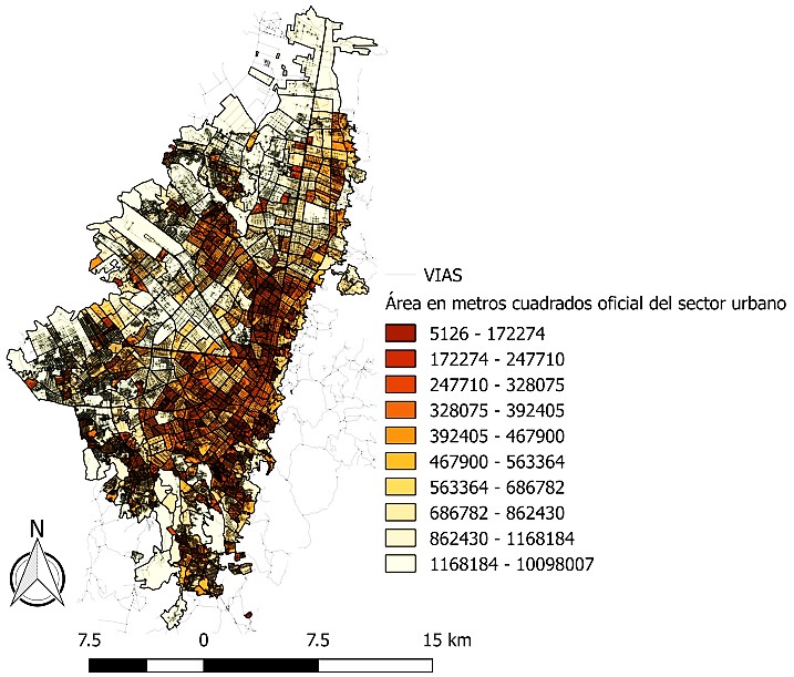 Mapa del sector urbano y vías de la ciudad de Bogotá y su distribución oficial del área en metros cuadrados, 2012. Fuente: elaboración propia a partir de datos del DANE
