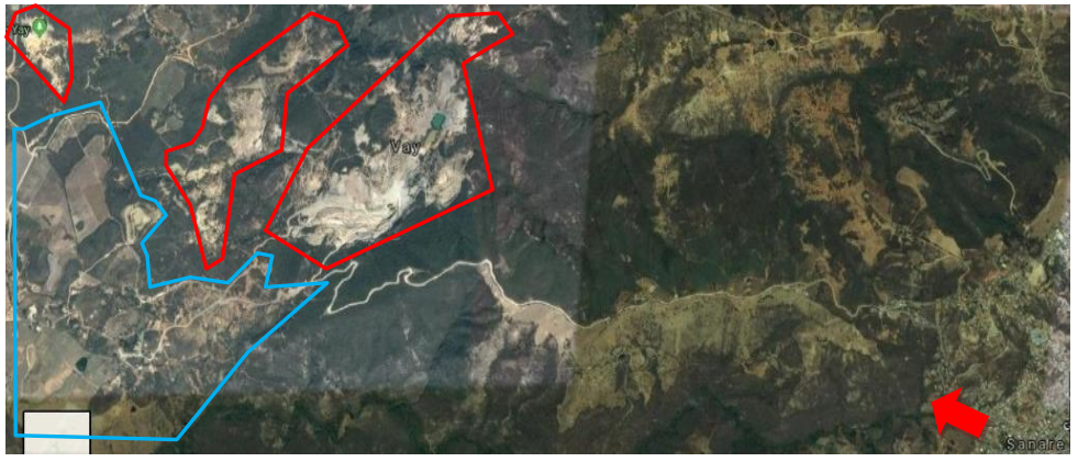 Regiones áridas y semiáridas al noroeste de Sanare. De color rojo abarcan los espacios con fines mineros, mientras lo agrupado en color azul corresponde a la actividad agrícola y ganadera.