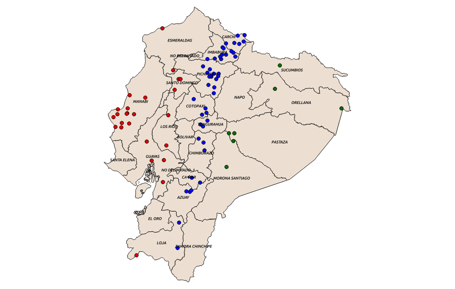 Estaciones Climatol&oacute;gicas en el Ecuador (c&iacute;rculos rojos regi&oacute;n costera, c&iacute;rculos azules regi&oacute;n interandina y c&iacute;rculos verdes regi&oacute;n oriental) (Fuente de datos: INAMHI, D.G.A.C.)