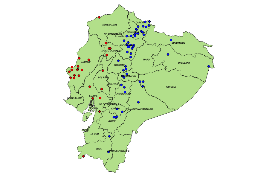 Distribuci&oacute;n del comportamiento anual de la precipitaci&oacute;n en Ecuador (c&iacute;rculos rojos comportamiento unimodal, c&iacute;rculos azules comportamiento bimodal). Per&iacute;odo 1981-2014. (Fuente de datos INAMHI, D.G.A.C.)