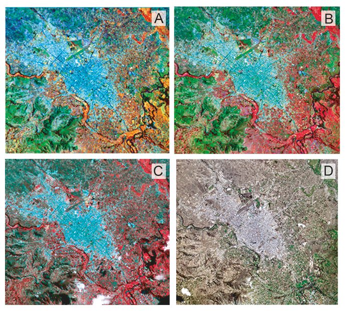 Ejemplos de imágenes satelitales. A) Imagen Landsat8:
composición 5-6-4. Fuente: https://app.climateengine.org/climateEngine. B)
Imagen Sentinel2: composición 8-11-4. Fuente: Composito
Año 2019- 2020 https://app.climateengine.org/climateEngine. C)
Imagen ASTER: composición 3-2-1. Fuente: Año: 2017 https://gbank.gsj.jp/madas/map/index.html. D) Imagen “basemap”:
color natural RGB 1-2-3. Fuente: SASPlanet. Año
2019-2020