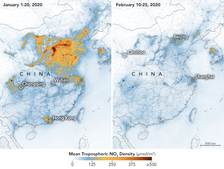Emisiones de Dióxido
de nitrógeno (NO2) en China antes y durante el aislamiento total por
la COVID-19 [8]