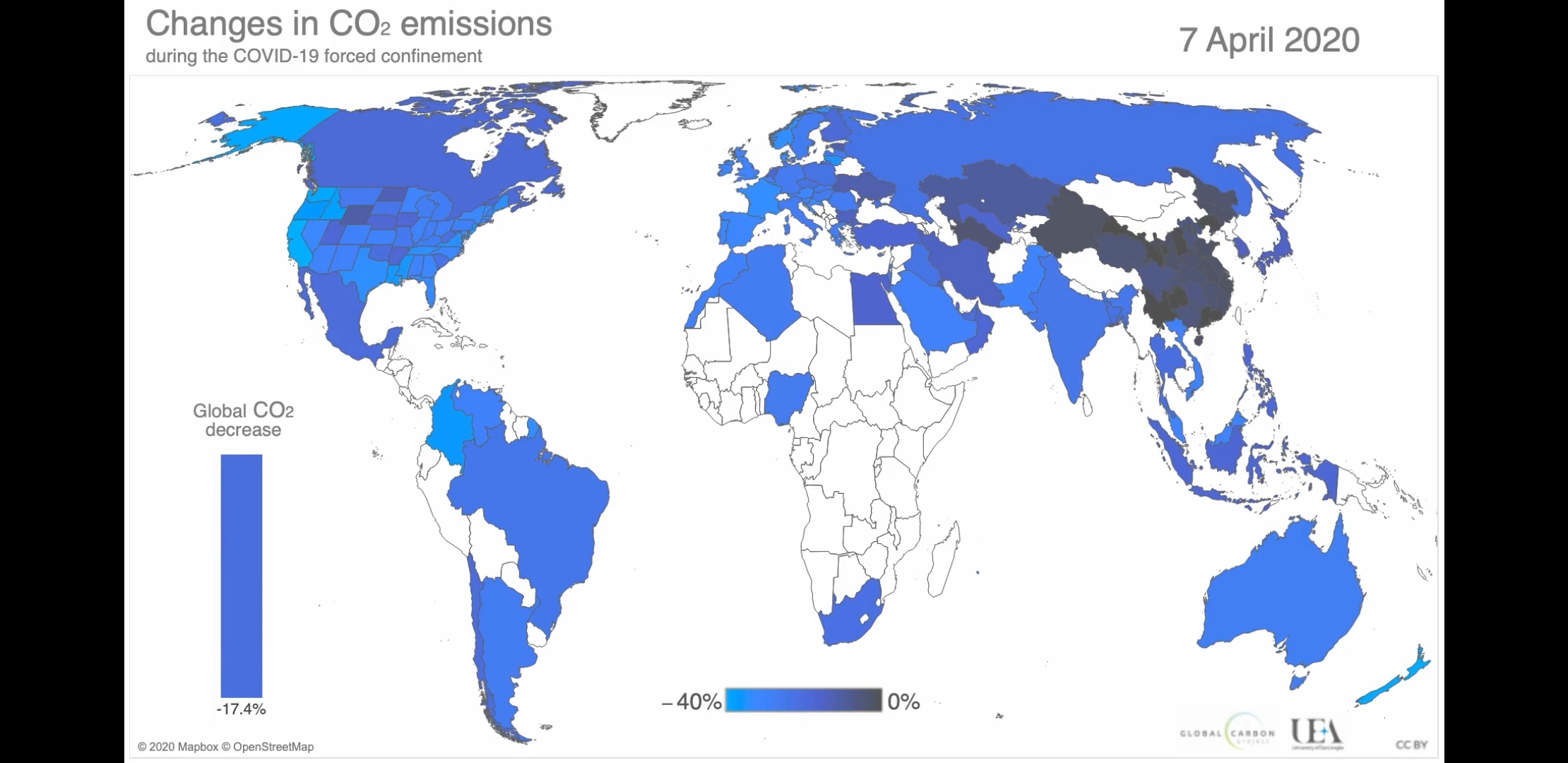 Emisiones globales
de CO2 durante el confinamiento obligatorio por la COVID-19 (7 de
abril 2020, día que se registra la mayor reducción de emisiones de CO2)
[13]