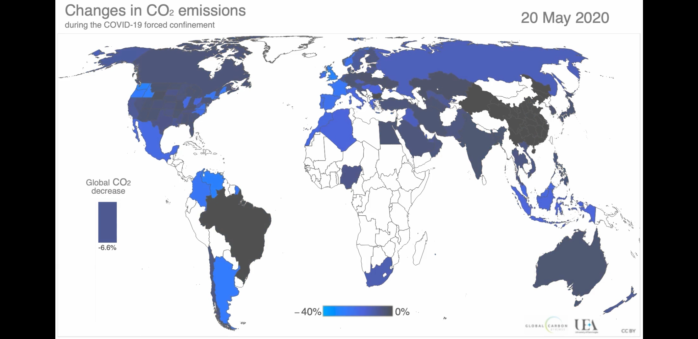 Emisiones globales
de CO2 durante el confinamiento obligatorio por la COVID-19 (20 de
mayo 2020, incremento de las emisiones de CO2) [13]