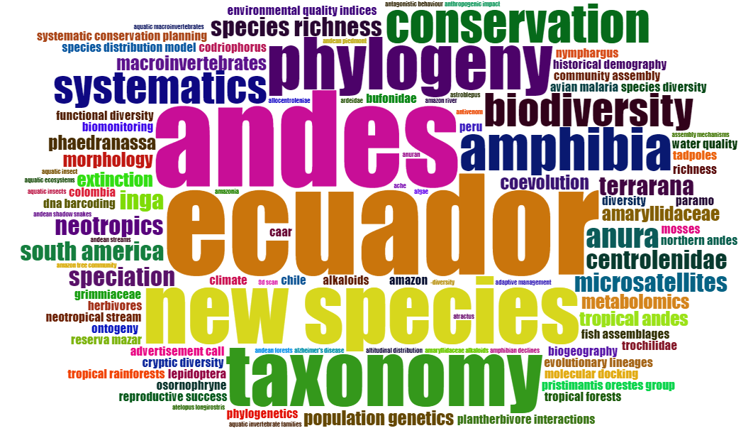 Nube de palabras en base a las palabras clave de las publicaciones de Scopus
con afiliaci&oacute;n BioCamb entre 2011-2021. El tama&ntilde;o de cada palabra es
proporcional al n&uacute;mero de art&iacute;culos en los que ha sido usada.