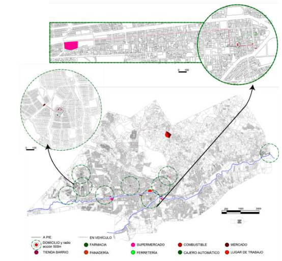 Mapeo de
recorridos realizados por el grupo focal durante el confinamiento. Cada círculo
corresponde a un núcleo de convivencia, en la parte superior se amplían dos
ejemplos. Los círculos tienen r=500 m. Fuente: Elaboración propia.