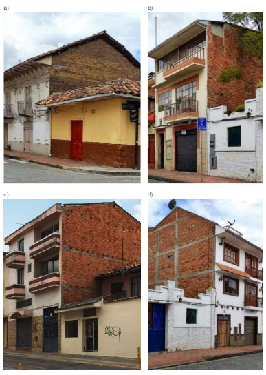 Tipologías de edificaciones de mampostería: a) Adobe (no
confinado); b) Ladrillo (no confinado); c) Ladrillo con vigas de atado; d)
Ladrillo confinado.