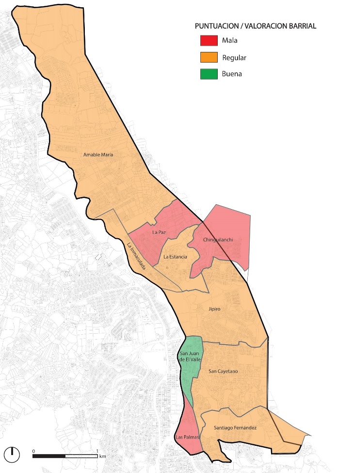 Representación de los barrios según puntuación en cuanto
al análisis de cohesión urbana. Con rojo los que presentan puntuación más baja
y con verde el mejor puntuado