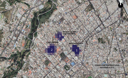 Identificación de áreas dentro del rango de temperatura superficial alcanzando
los 29.13°C.
