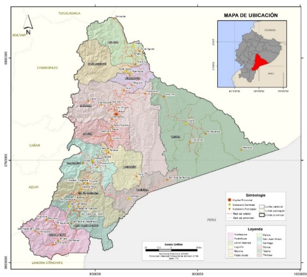 Organizaci&oacute;n territorial de Morona Santiago. Elaboraci&oacute;n propia a partir de informaci&oacute;n cartogr&aacute;fica oficial a escala nacional.
