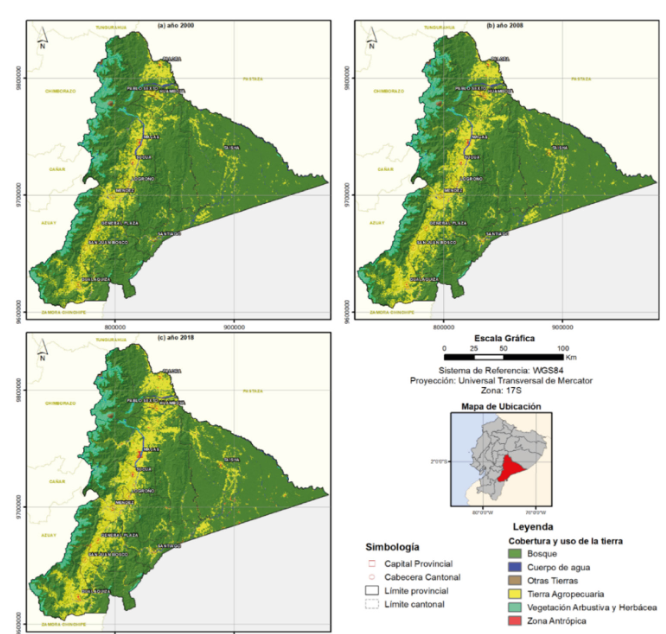Cobertura y uso de la tierra en Morona Santiago a&ntilde;os (a) 2000, (b) 2008 y (c) 2018. Elaboraci&oacute;n propia a partir de la informaci&oacute;n oficial de cobertura y uso de la tierra a escala nacional.