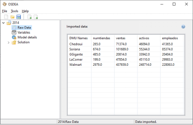 Vista de los datos importados en el OSDEA a partir de los archivos CSV.