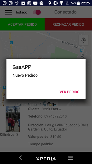 Notificación de pedido de gas.