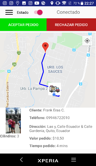 Pantalla del distribuidor previo a atender un pedido.