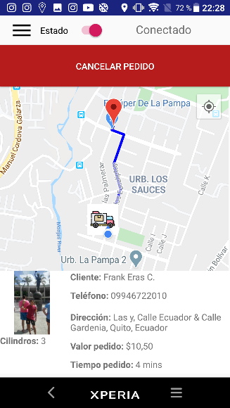 Pantalla del distribuidor al atender un pedido.