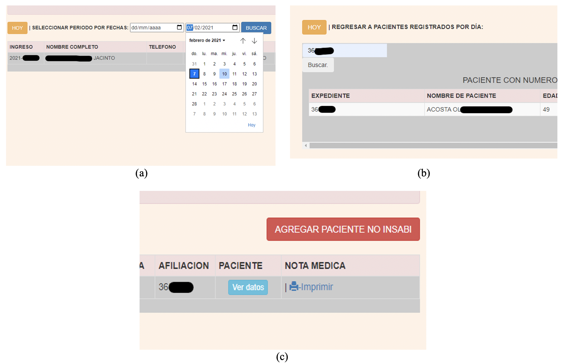 Capturas de
pantalla que muestran diferentes funciones en el sistema web para captura de
notas post operatorias: (a) Filtro por rango de fechas de pacientes registrados
en sistema; (b) Búsqueda de pacientes por número de expediente de
derechohabientes del Instituto de Salud para el Bienestar; (c) Función de
reprogramar o reingresar pacientes previamente registrados en listado de
pacientes de la Unidad Remota de Especialidades Médicas.