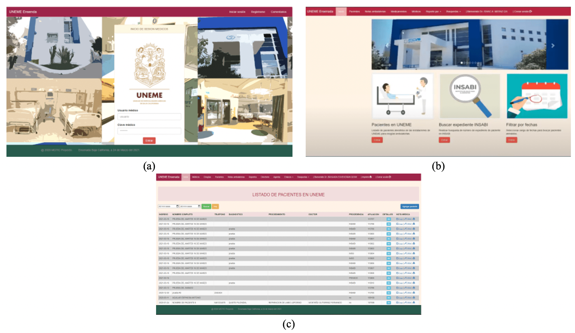  Capturas de
pantalla de interfaces principales del sistema web para captura de notas post
operatorias: (a) Pantalla para inicio de sesión para usuarios médicos
registrados; (b) Pantalla principal con imágenes intuitivas de acceso rápido a
las diferentes funciones del sistema web; (c) Listado de pacientes registrados
en la Unidad Remota de Especialidades Médicas con detalles de paciente y para la
elaboración, modificación e impresión de las notas médicas.