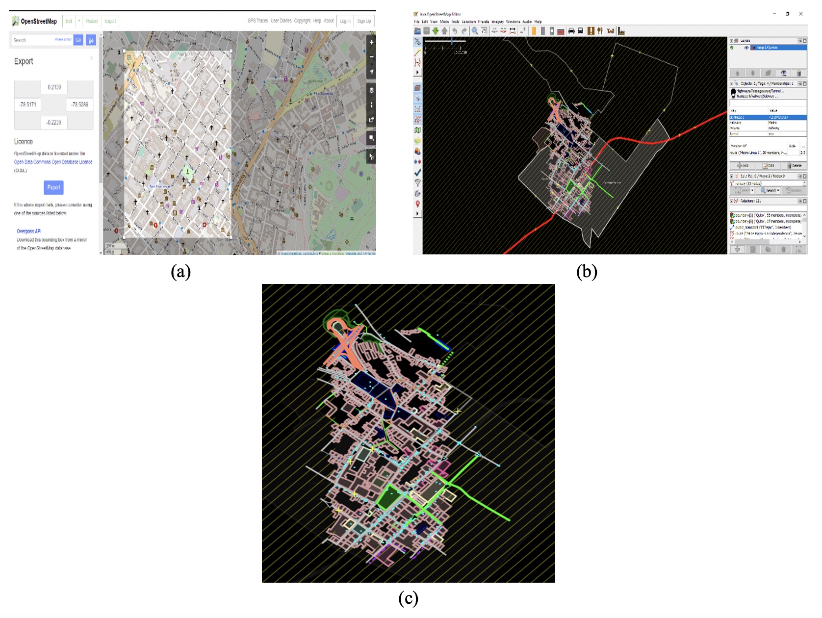 Área
seleccionada (a) sector del centro histórico seleccionado con OSM, (b) mapa
generado con OSM y (c) mapa editado con JSON sin línea del metro.