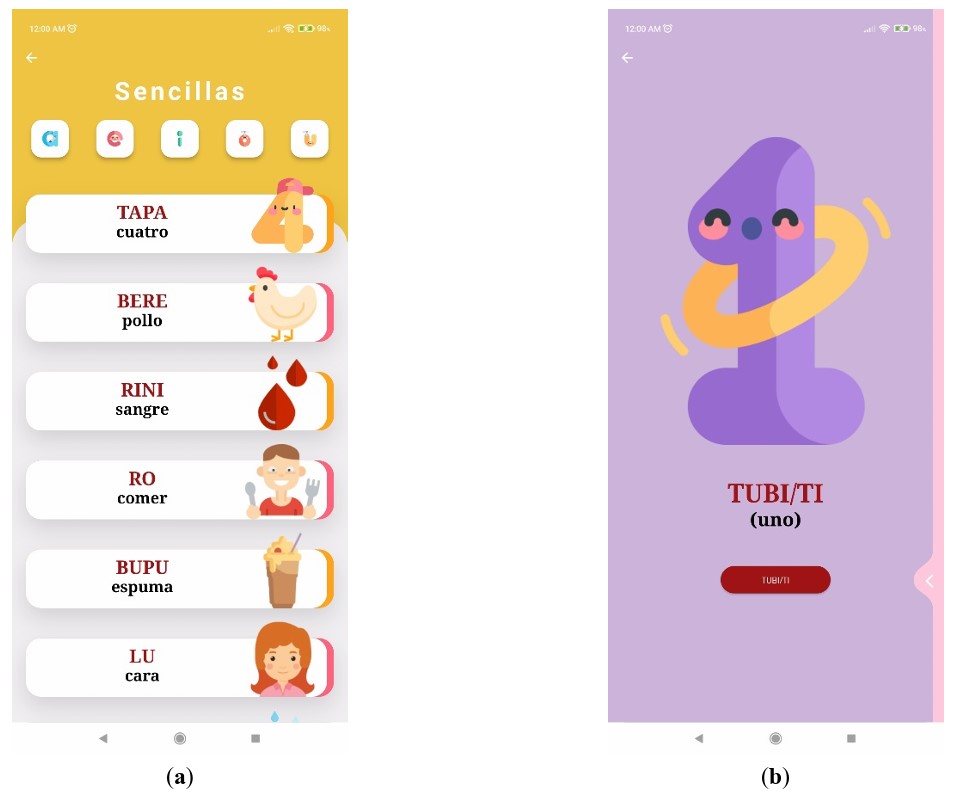 (a) Pantalla del apartado
“Vocales”; (b) Pantalla del apartado “Números”.