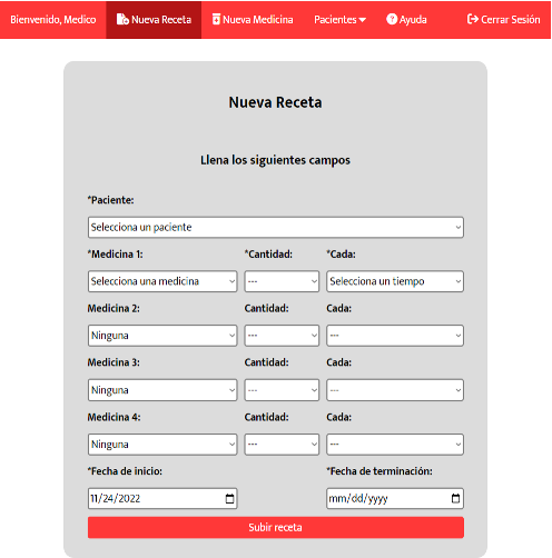 Formulario para registro de una receta m&eacute;dica.