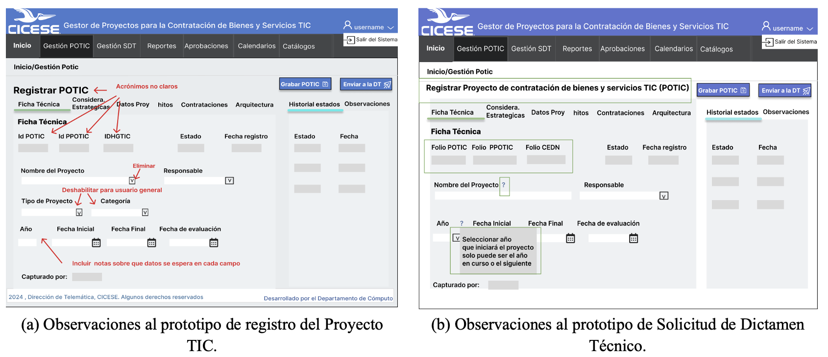 Ejemplo de observaciones detectadas a prototipos y su propuesta de mejora.