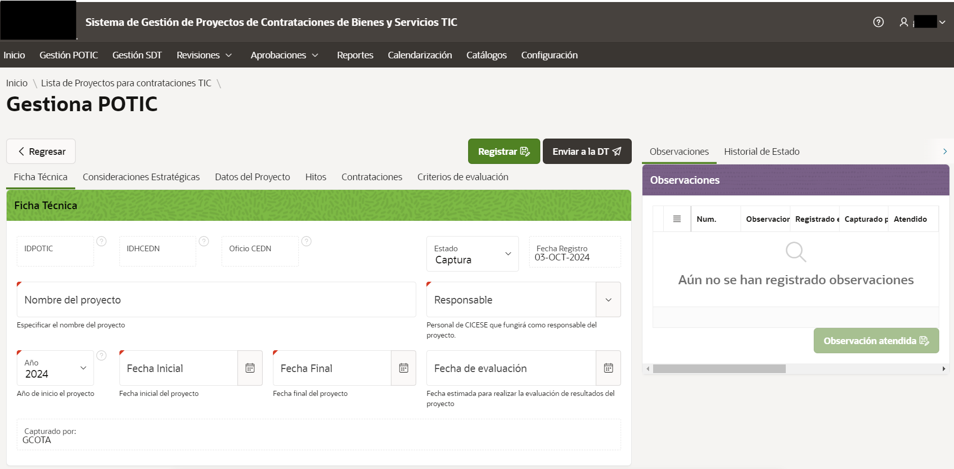 Forma de registro de proyectos para contrataciones de bienes y servicios TIC.