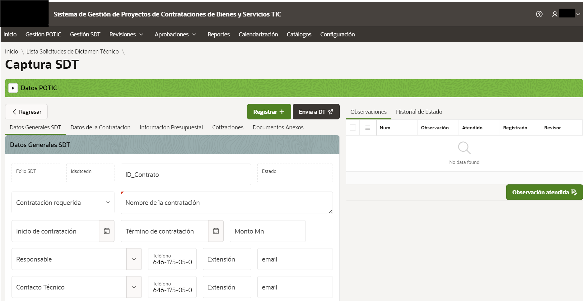 Se muestra la pantalla de registro de la solicitud de dictamen t&eacute;cnico.