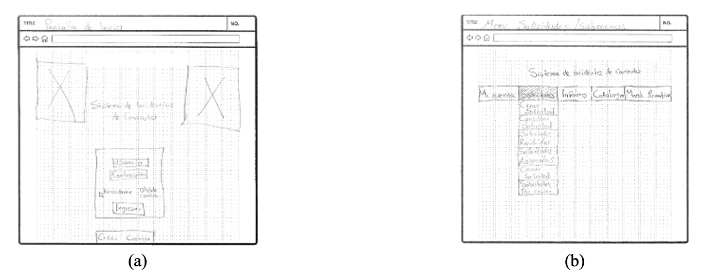 Ejemplo del prototipo en papel. (a) Pantalla de inicio; (b) Pantalla del men&uacute; de solicitudes.