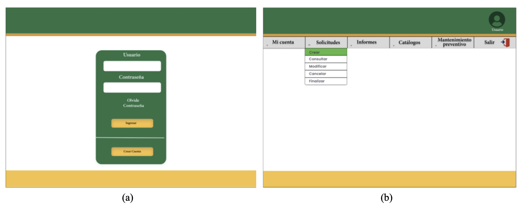 Ejemplos de prototipos digitales. (a) Pantalla de inicio del sistema de mesa de ayuda (RF-02 Iniciar sesi&oacute;n). (b) Pantalla del men&uacute; solicitudes del sistema de mesa de ayuda (RF-03 Crear solicitud de incidencia de c&oacute;mputo).