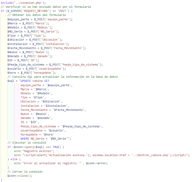 Codificaci&oacute;n de la opci&oacute;n actualizar para el archivo cabina.
