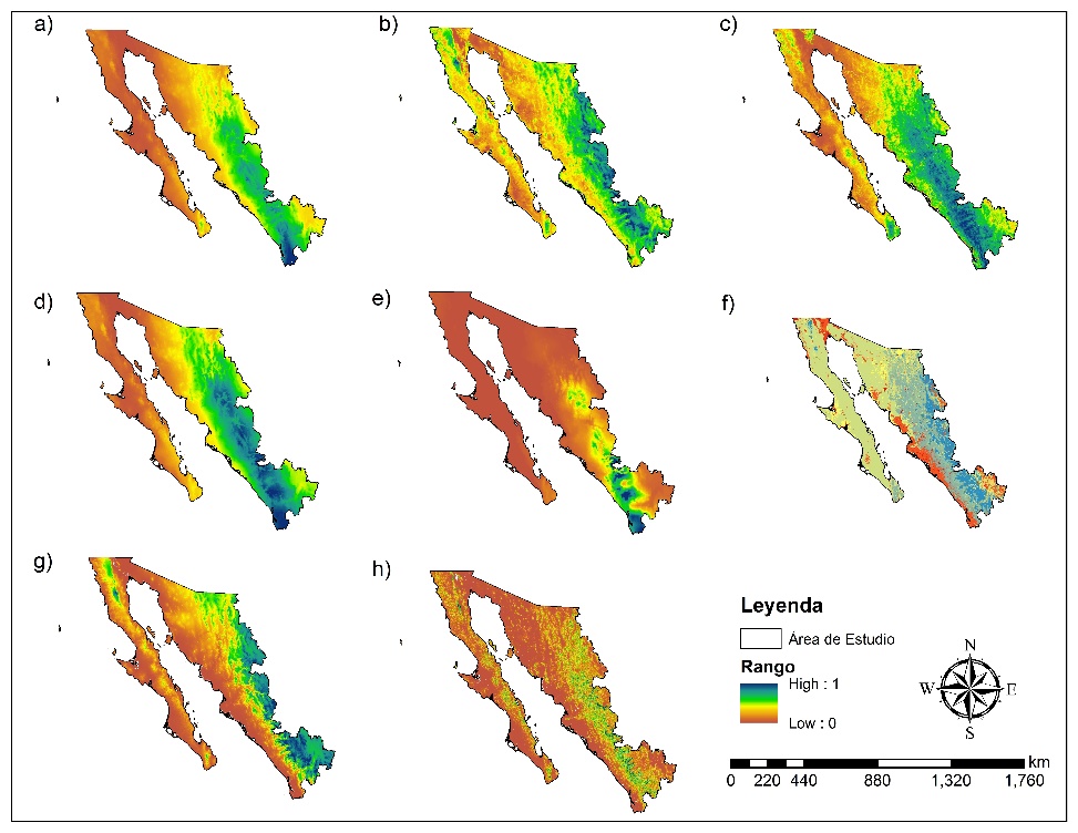 Factores Normalizados: a) Precipitaci&oacute;n. b) Temperatura. c) NDVI. d). Evapotranspiraci&oacute;n. e) Humedad. f) Cobertura Vegetal. g) MDE. h) Pendientes.