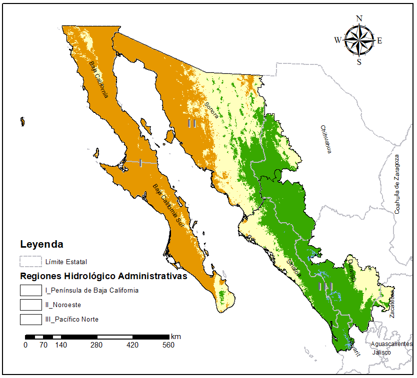Mapa de &aacute;reas zonas &aacute;ridas. Regi&oacute;n noroeste de M&eacute;xico.