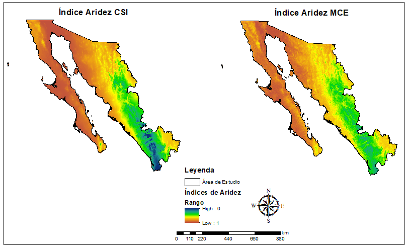 Comparaci&oacute;n de &Iacute;ndices de Aridez. Izquierda: &Iacute;ndice de Aridez del CSI (2019). Derecha: &Iacute;ndice de Aridez mediante EMC (2023).