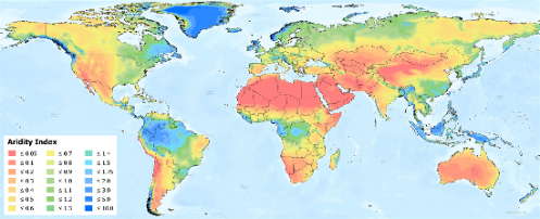 Distribuci&oacute;n geogr&aacute;fica global de regiones &aacute;ridas, delimitada en funci&oacute;n del &iacute;ndice de aridez CSI. Fuente: https://csidotinfo.wordpress.com/data/global-aridity-and-pet-database/