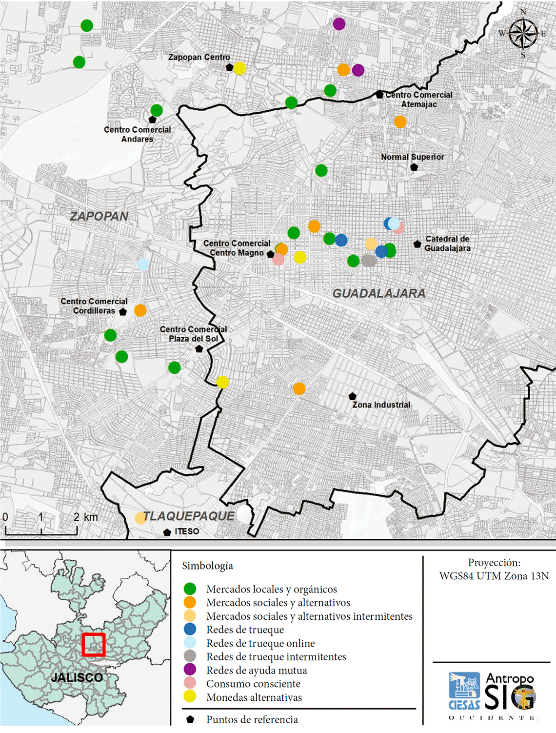 Red de econom&iacute;as alternativas de
Guadalajara, de elaboraci&oacute;n propia con base en trabajo de campo 2018-2020