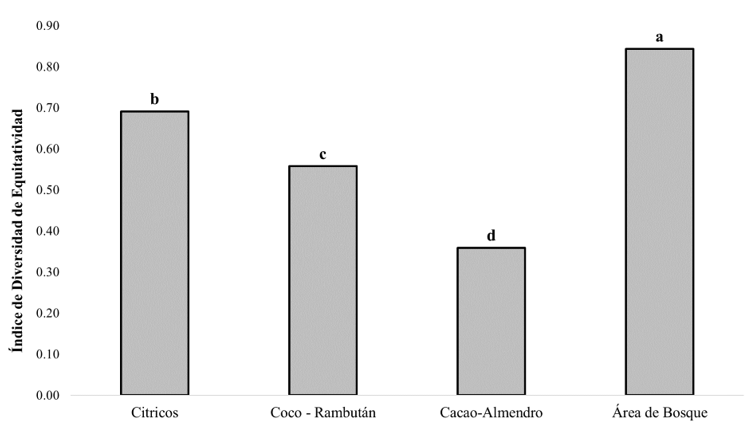 Índice de equitatividad
de mariposas capturas en los agroecosistemas del CeTAF.
Letras distintas (a-d) indican diferencia estadísticamente significativa (0.05)
basado en la prueba Chi-cuadrado (X2).