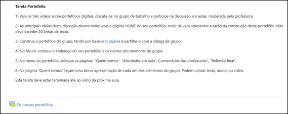 Tarefa de criação do portefólio, disponível no
Moodle.