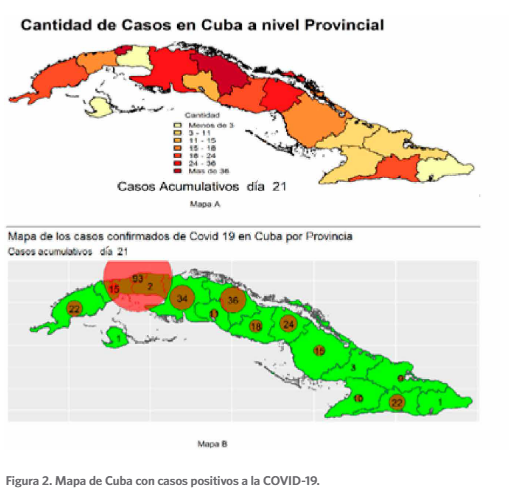 Mapa de Cuba con casos positivos a la COVID-19.